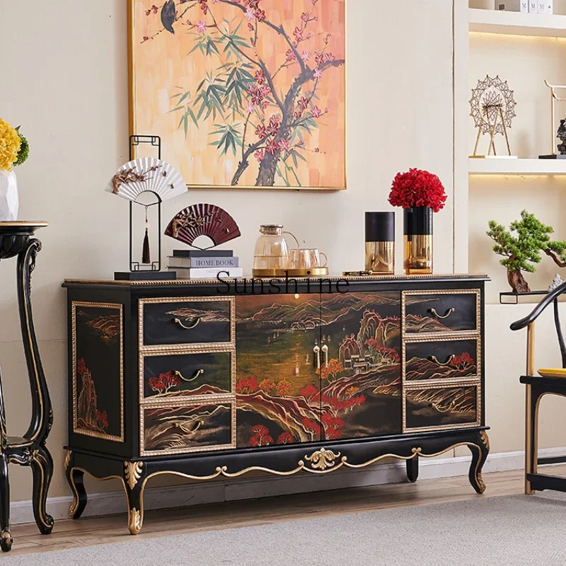 

New Chinese style black painted landscape gold painting living room entrance storage side cabinet tea cabinet