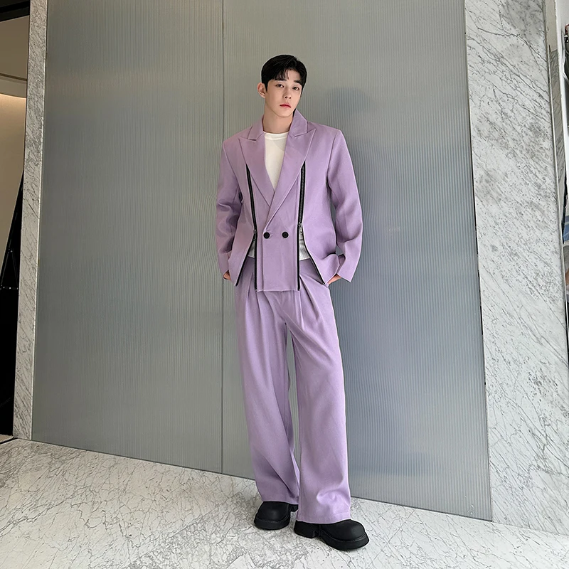 

Trendy Men's Suiting Pants Two-Piece Set Zipper Slit Double Row Buttons Lightweight Luxury Purple Spring Autumn Winter Wear