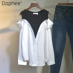 Women's Vest Stitching Off Shoulder White and Black Colorblock Clothing Femininas O Neck Long Sleeve Pullover Woman Blouses 2023