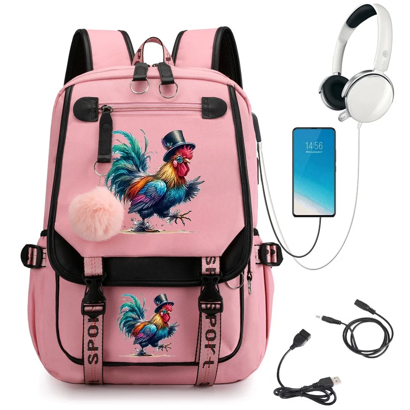 

Cute Watercolor Chicken Cartoon School Bag for Teenager Girls Funny Bookbag Backpack Student Kawaii Backpacks Usb Travel Bags