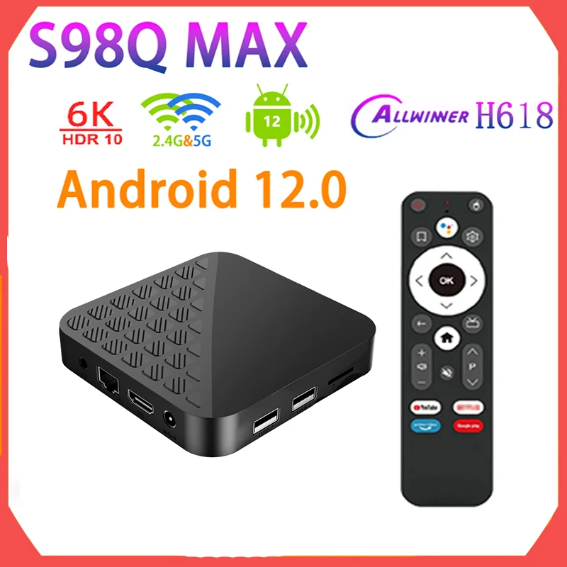 Inteligente tv caixa s98q max h618, android 12, 4gb, 32gb, allwinner, quad core, córtex a53, vídeo 6k, wi-fi, media player