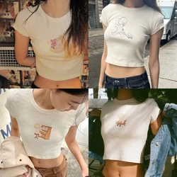 Angel Baby Graphic Slim T-shirts Women Vintage Summer O Neck Short Sleeve Cotton Cute Crop Top Sweet Cartoon Print Y2k T Shirt