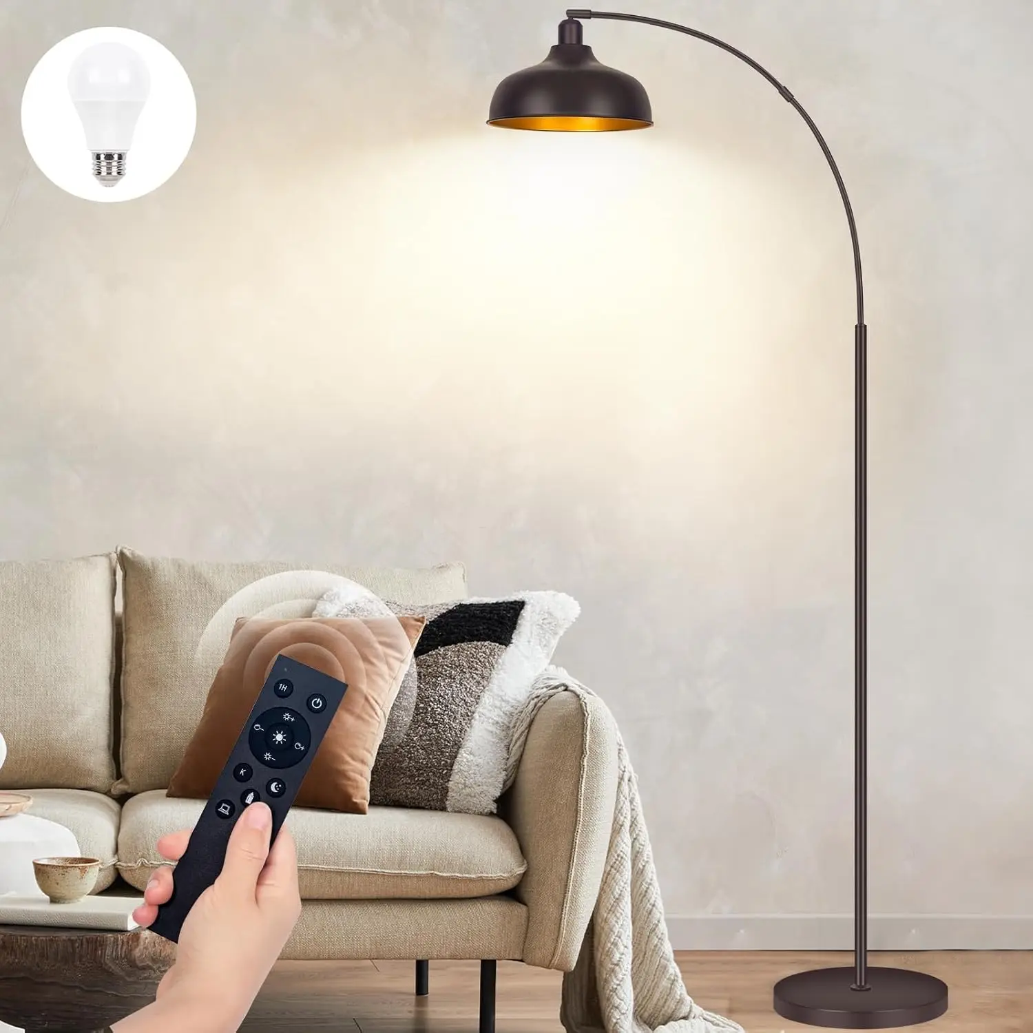 

Arched Floor Lamp with Remote & Foot Switch, Dimmable LED, Tall Reading Light for Living Room, Bedroom