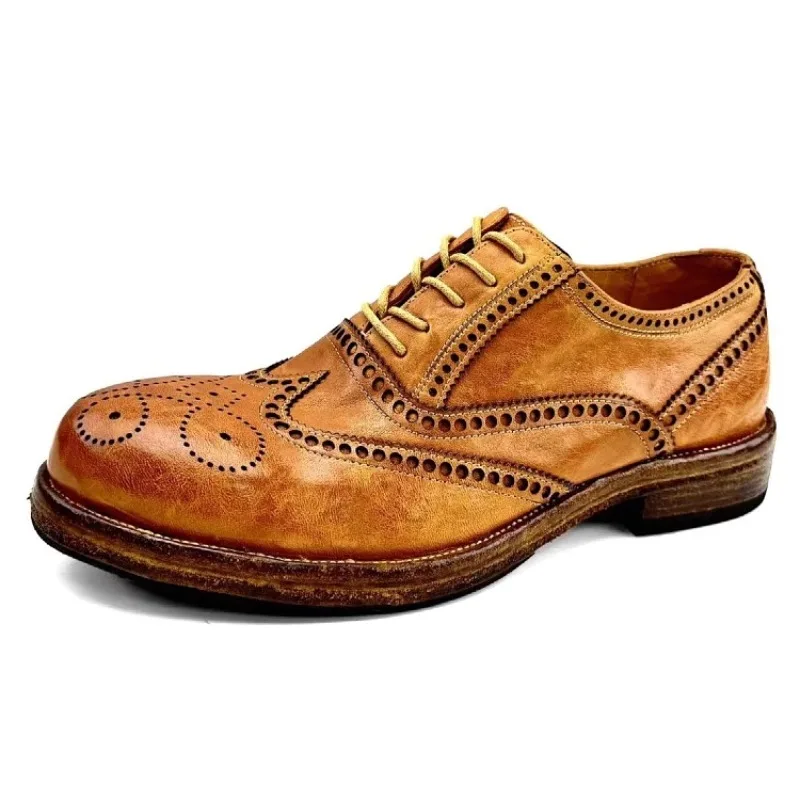 Handmade Men's Shoes Thick Soled Genuine Leather Horseskin Casual Brogue Carved Dress Leather Shoes Male Work Business Oxfords