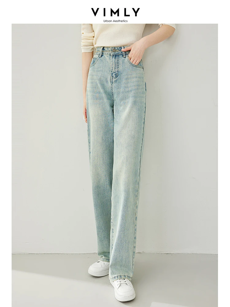 Vimly High Waist Straight Jeans Women 2024 Spring Retro Light Blue Full Length Wide Leg Denim Pant Woman Casual Trousers 72786