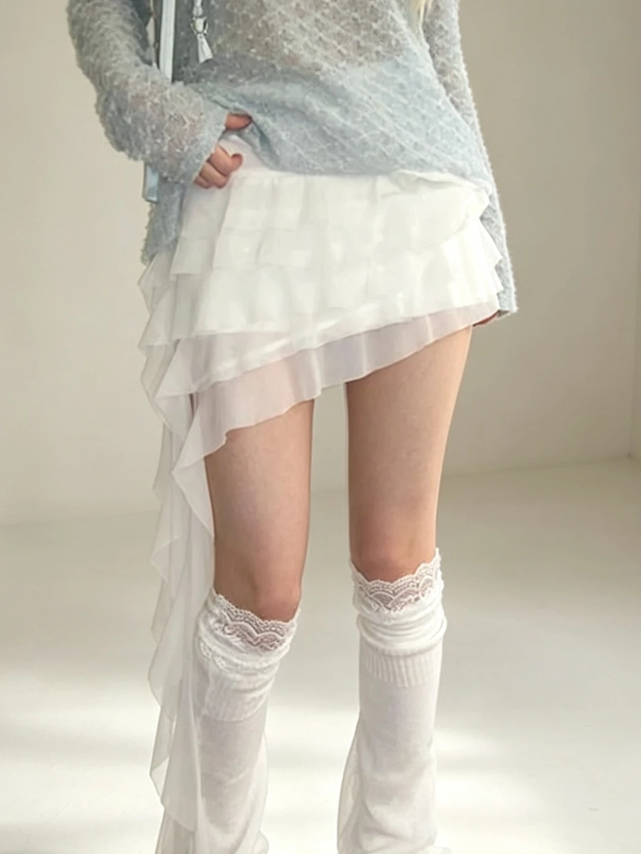 Asymmetric Mesh Puffy Skirt for Women High Waist A-Line Silhouette Daily Wear Non-Slip High Elasticity Korean Style Skirt