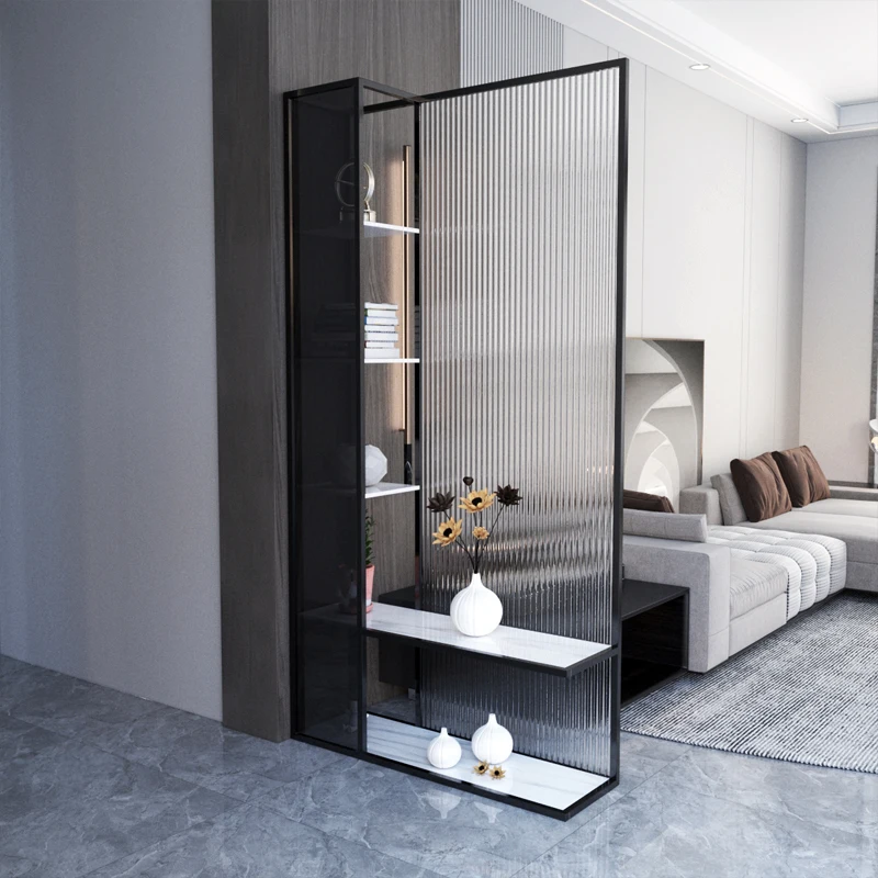 

Entry into the door, living room, entrance cabinet, modern simple partition, shelf art, glass partition, door screen, light