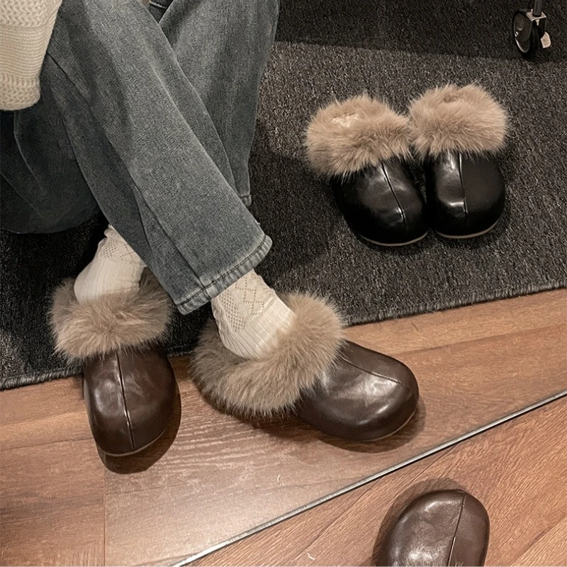 خمر سميكة وحيد النساء الفراء البغال النعال الراحة الدافئة فستان قطني أحذية الخريف الشتاء السيدات موجزة في الهواء الطلق الانزلاق على الشرائح #1