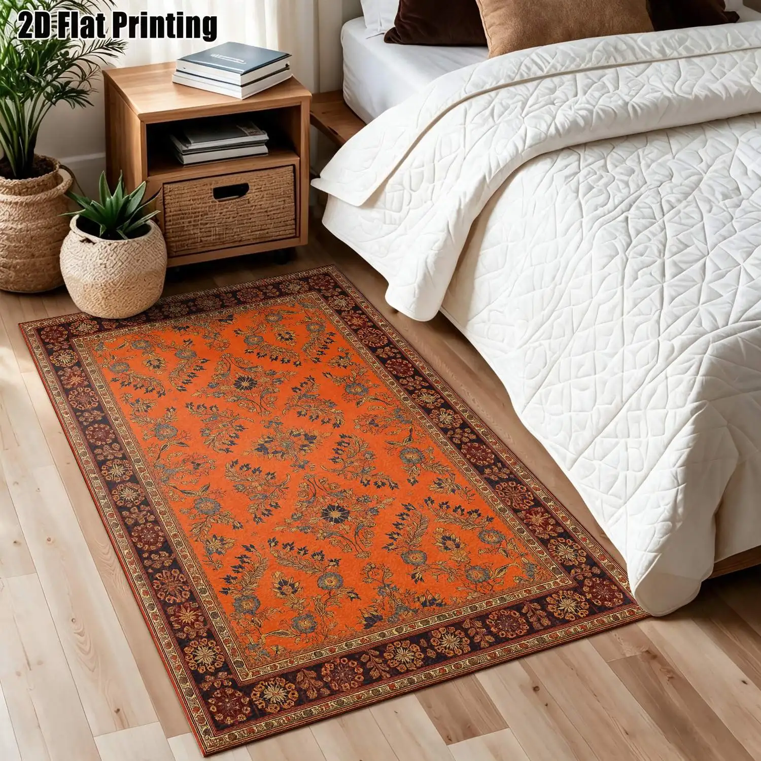 1Pc 2D Printed Orange Retro Floral Pattern Carpet: European, Vintage, Geometric Floral, Bohemian Style Home Decor, Multi-Size, Machine Washable. For Living Room, Bedroom, Dining Room, Entrance, Study.