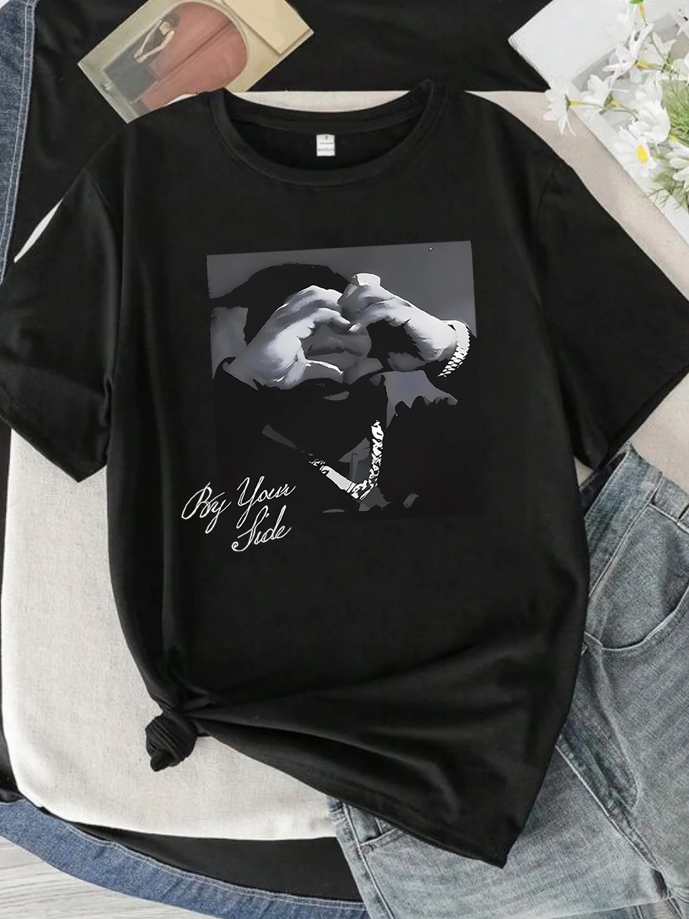 

Love gesture pattern round neck plus size women T-shirt short sleeve trend printing elastic half sleeve T-shirt