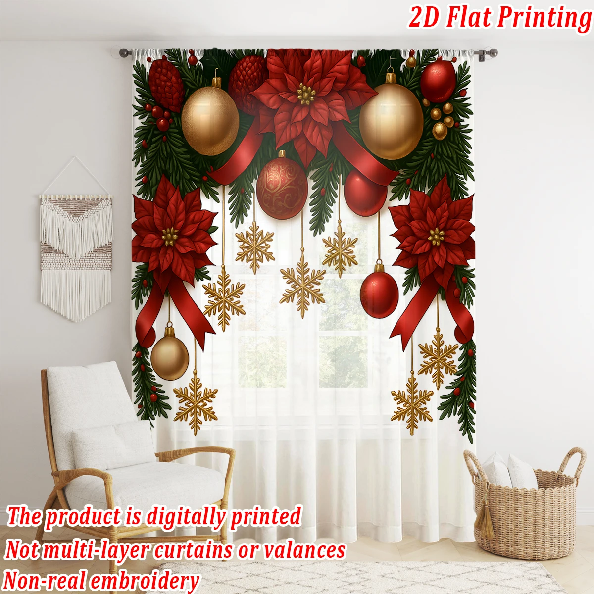 Christmas Flat Printing Sheer Curtain with Christmas Poinsettia Snowflak Pine Branch for Living Room Bedroom Decor Holiday Party