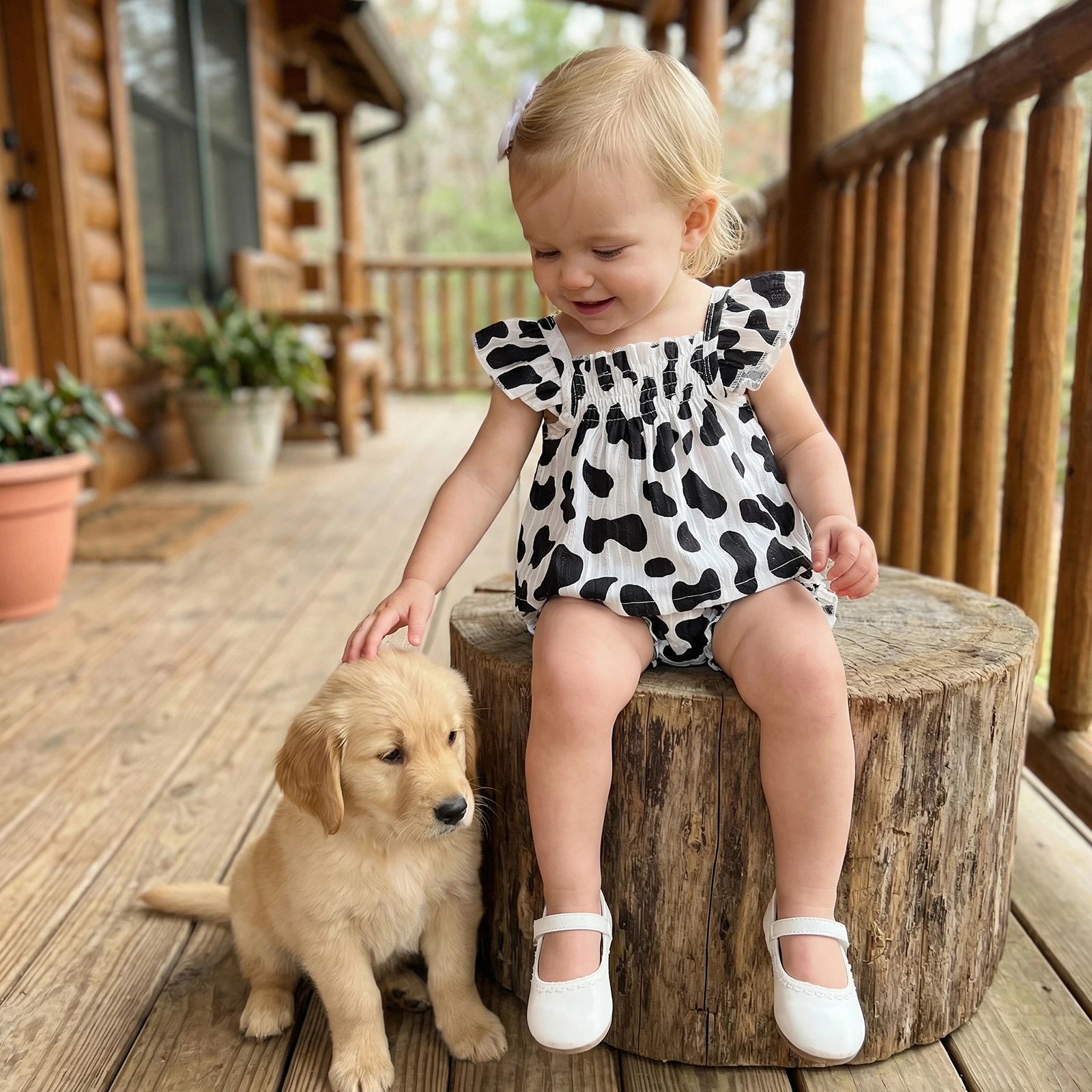 

Летняя одежда Blotona для маленьких девочек, топы и шорты с рюшами и принтом коровы, присборенные трапециевидные рукава и шорты, комплект из 2 предметов