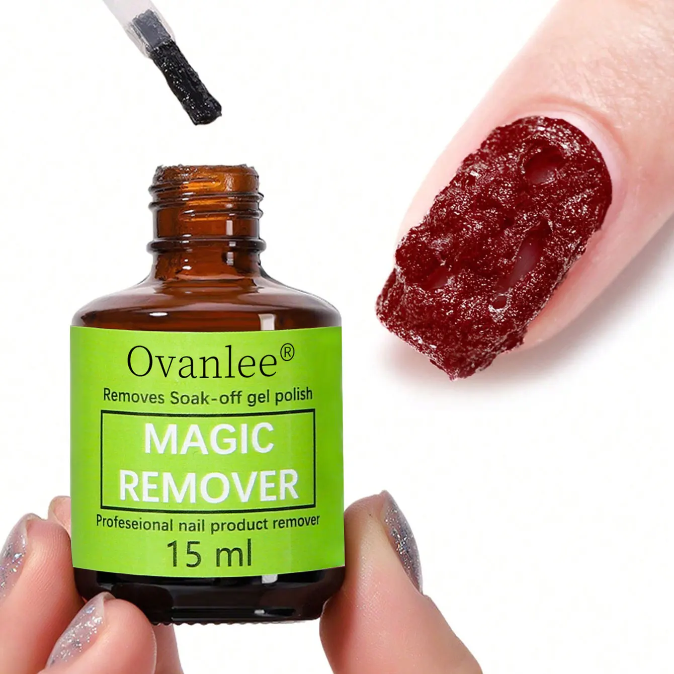 Ovanlee 2pcs 15ml Magic Gel Remover – 2-5 Min Fast Burst Nail Polish Dissolver for Soak-Off UV/LED Gel, Low Odor & Gentle Formula, Easy Peel-Off Remover for DIY Manicure