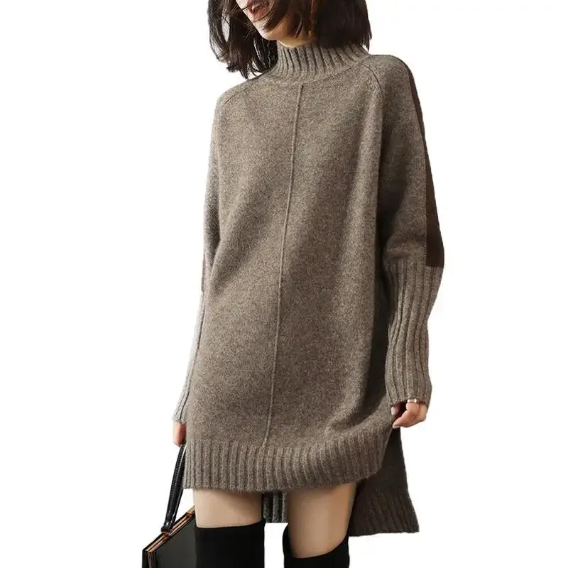 Turtleneck Knitted Sweater Women Pullovers Dress Autumn Winter Warm Thick Jumpers Wool Knit Crochet Y2k Split Jumper Cardigan