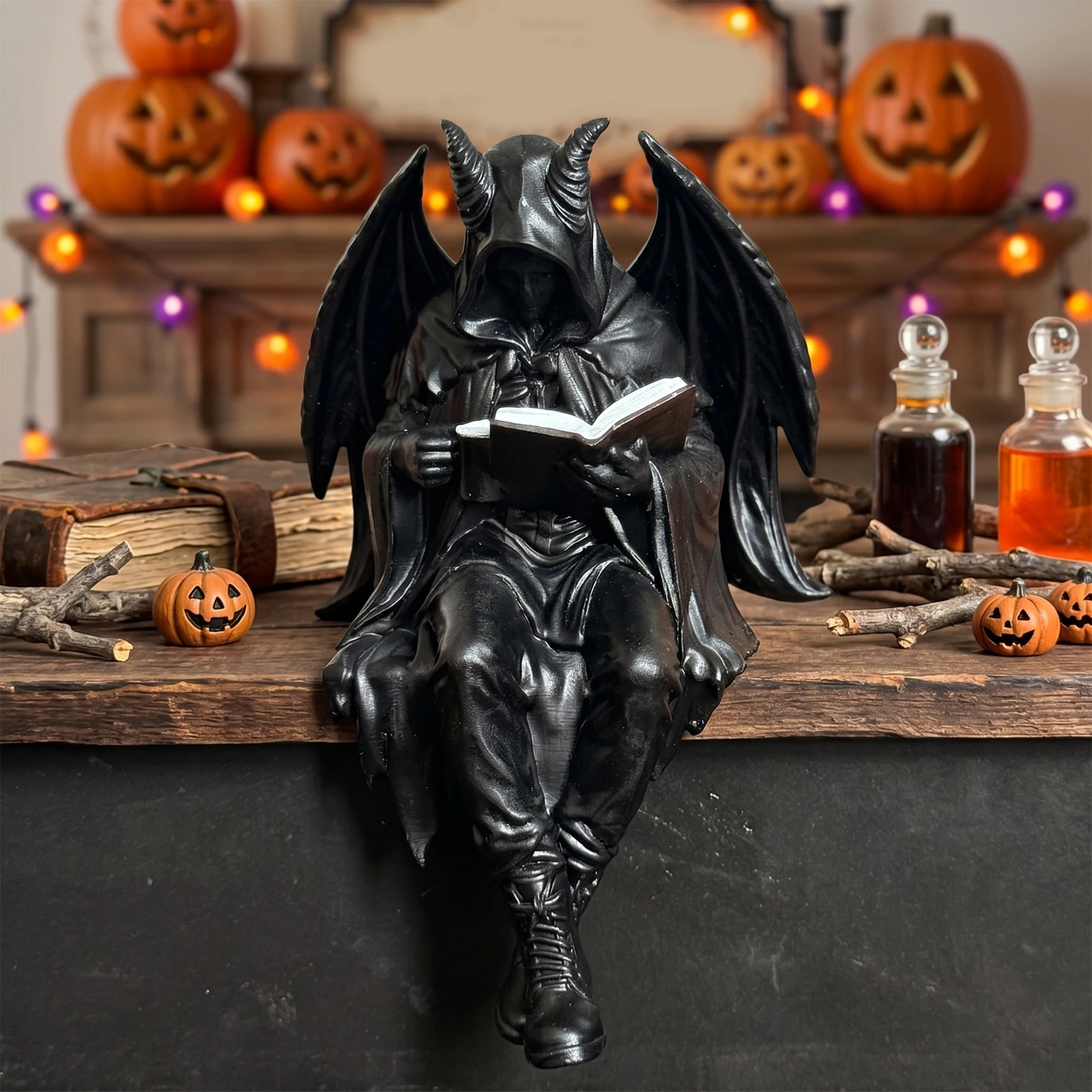 Gothic Dark Mystery Reading Figurines Versatile Display Accent Demon Figurine Retro Detailed Craftsmanship for Collector Display