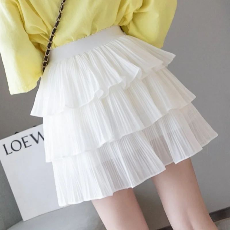 Korean Style Pleated Ruffled Chiffon Halfskirt ﻿   White Skirts for Women High Waist Mini Sexy Short Pantskirt Female