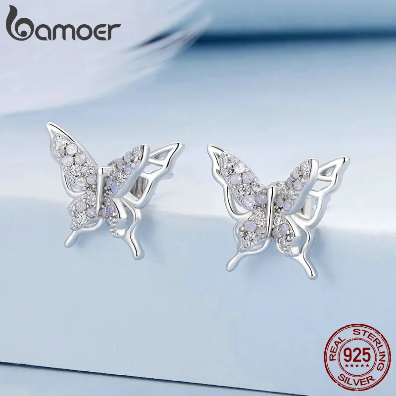 Bamoer orecchini a bottone a farfalla squisiti in argento Sterling 925 orecchini a forma di insetto per le donne Party Pave Setting CZ Fine Jewelry