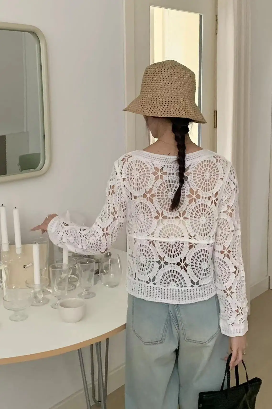 2024 Autumn New Three Dimensional Flower Hollow Out Knitted Shirt Sweet Long Sleeved Pullovers Blouse Retro Crochet Women Tops