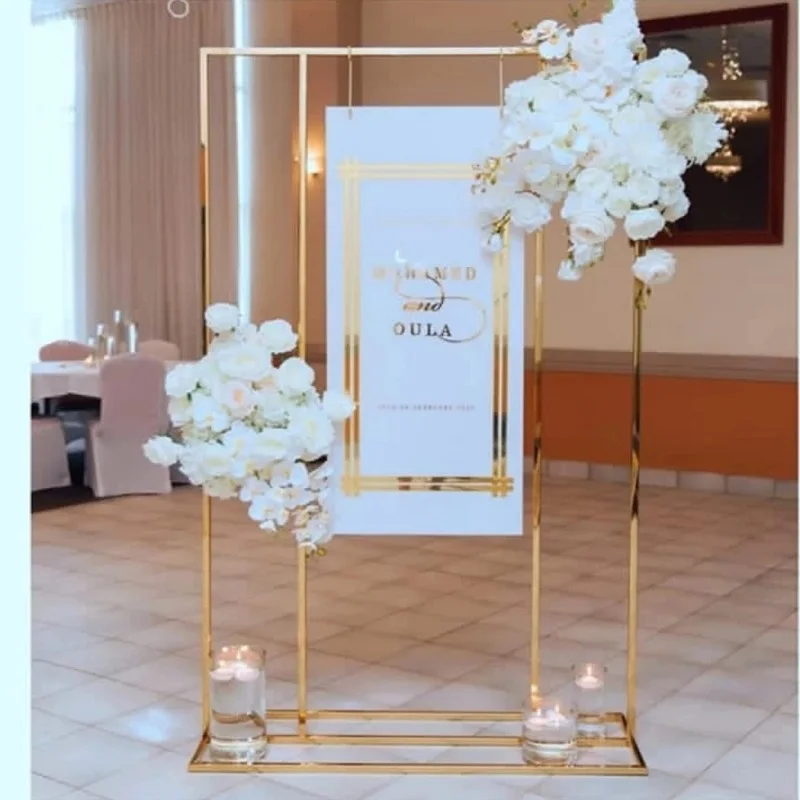 2PCS Wedding Graduation Anniversary Welcome Sign Banner Shelf Flower Picture Stand Metal Arch Props Backdrop Geometric Frame