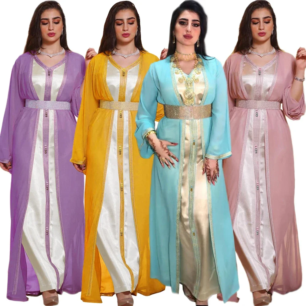 

Eid Mubarak Elegant 2 Pieces Abaya Set Muslim Women Vest Long Dress with Chiffon Outerwear Moroccan Caftan Arabic Dubai Jalabiya