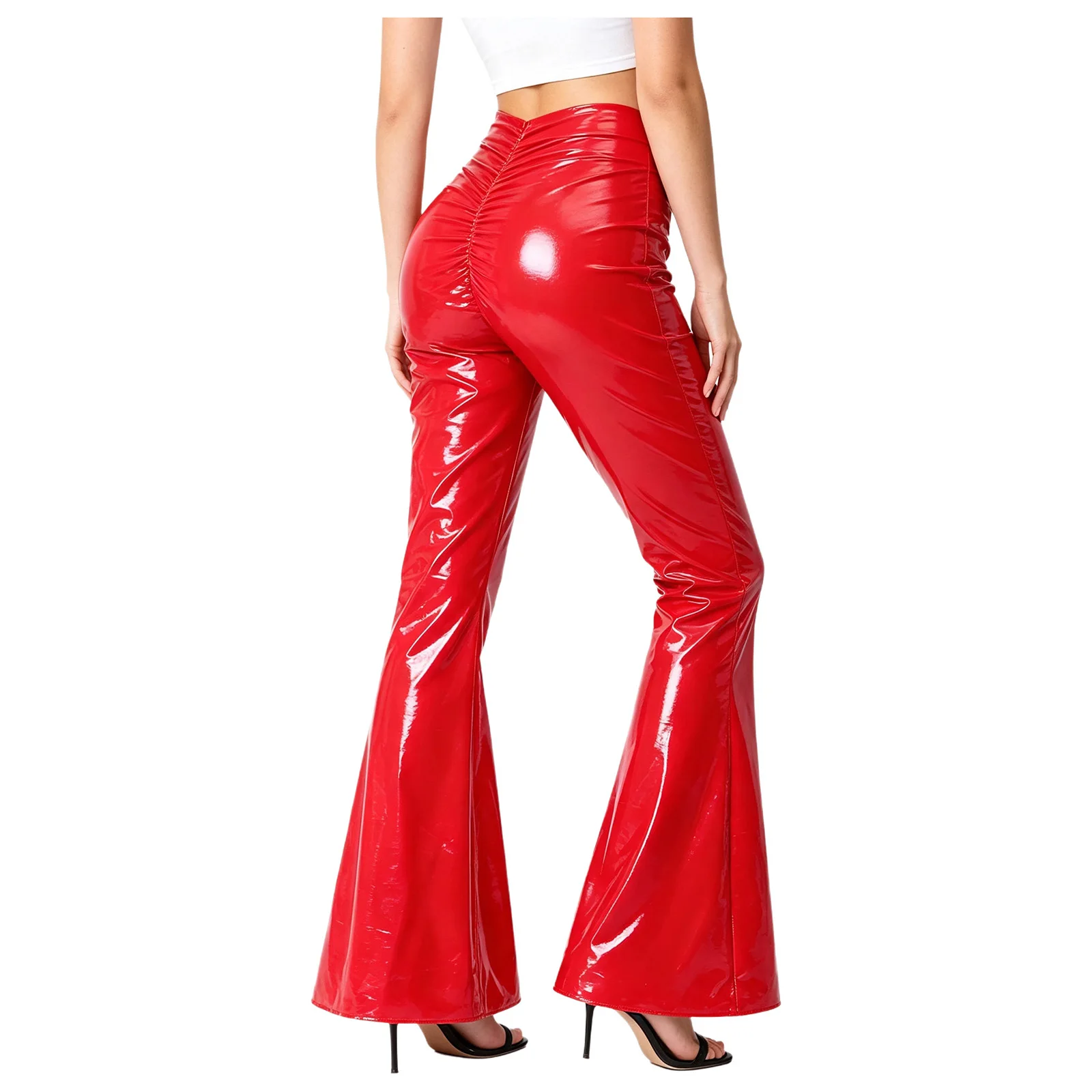 Womens Glossy PU Leather Latex Flared Pants Stretch Bodycon Bell Bottom Disco Stage Performance Pants Wet Look Trousers