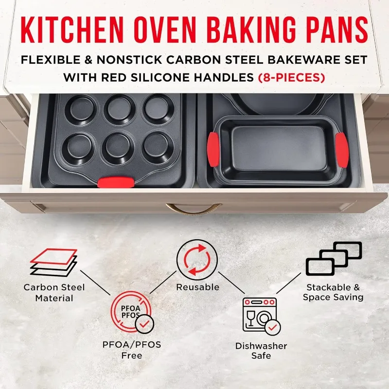 8 Piece Kitchen Oven Bakeware Set – Deluxe Non-Stick Black Coating Inside and Outside – Carbon Steel – Red Silicone Handles