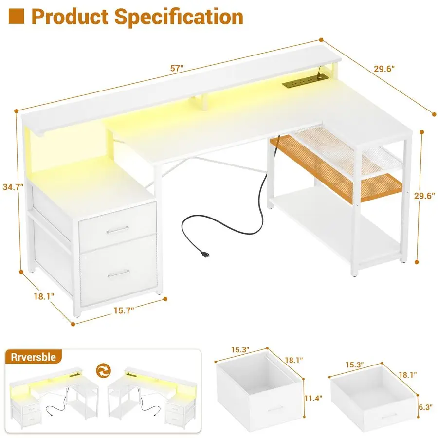 L Shaped Desk with File Drawer, Reversible L Shaped Computer Desk Gaming Desk with Power Outlet amp LED Strip, Home Office Desk