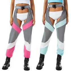 Women's Sexy See Through Buckles Bottomless Pants High Waist Hollow Out Crotchless Pants Rave Chaps Cargo Trousers Streetwear