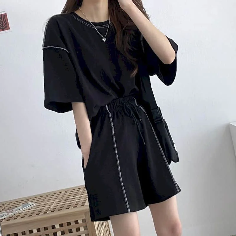 

Black Pant Sets O-Neck Short Sleeve Top Casual Oversize Loose Tracksuit Wide Leg Pants Short Sets Two Piece Sets Women Outfits