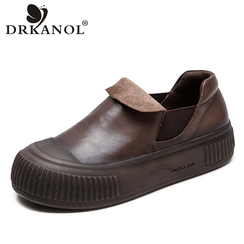 

DRKANOL Luxury Design Women Slip On Loafers Literary Style Spring Summer Hollow Breathable Genuine Leather Flat Platform Shoes