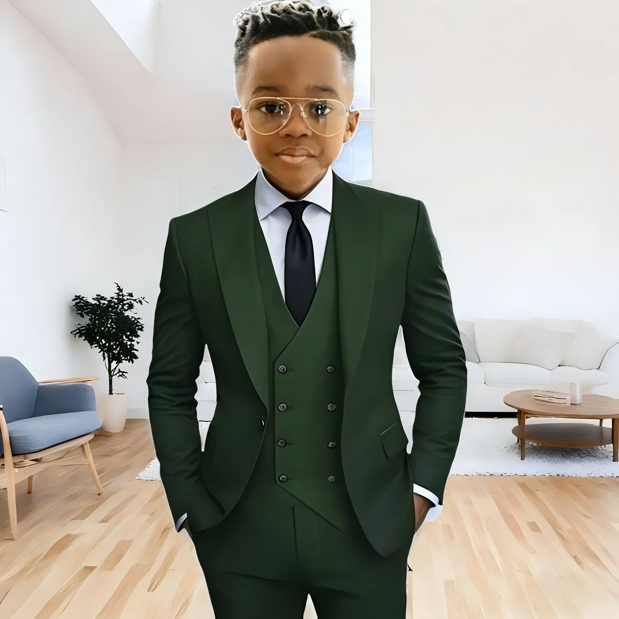 

Dark Green Boy's Suit Slim Fit Attire for Wedding 3-Piece Jacket Vest Pants Peaked Lapel Prom Dinner Party Custom Kids Tuxedo