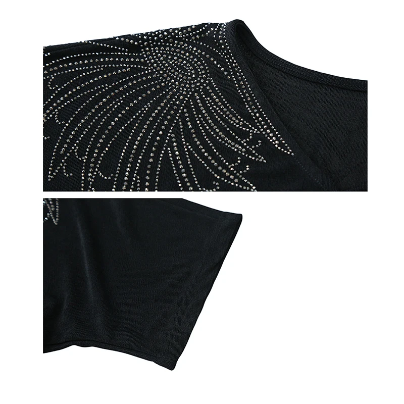 Noir, nouveau, été, coréen, Style, T-Shirt, Chic, Sexy, col en v, Patchwork, brillant, diamants, femmes, hauts, manches courtes, tous assortis, t-shirts, 563003