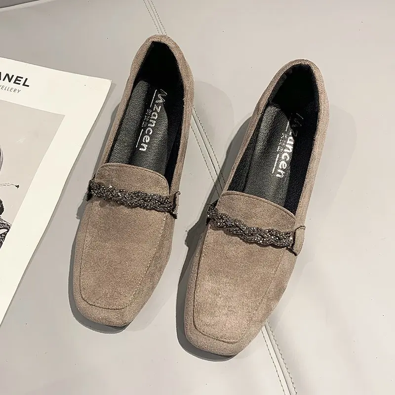 Crystal Chain Flock Loafers Women Low Heels Espadrilles Women Shoes Ballerina Retor Square Toe Nubuck Velvet Moccasins Flats2021