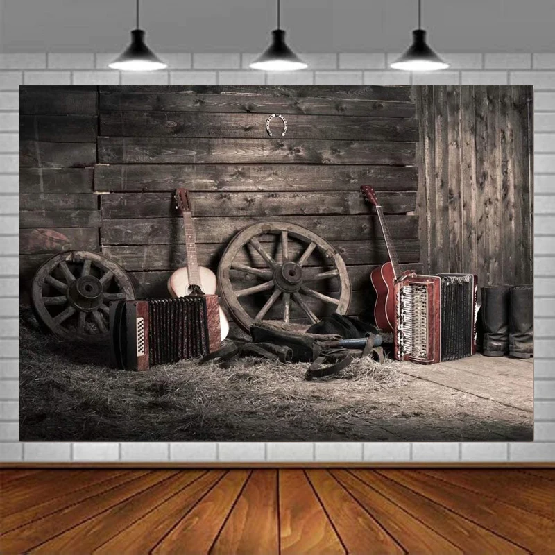 Western Farm Photography Backdrop Old Barn Interior Guitar Rustic Wooden Board Country Scene Cowboy Music Party Decor Background