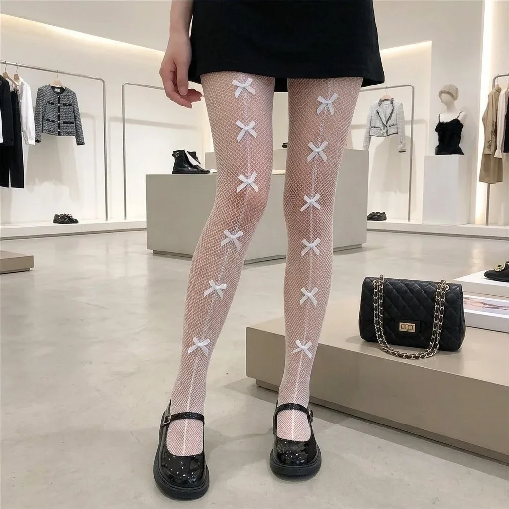 Sweet Style White Fishnet Tights with Vertical Bow Print, Sheer Mesh Bowknot Pattern Pantyhose for Dress Matching