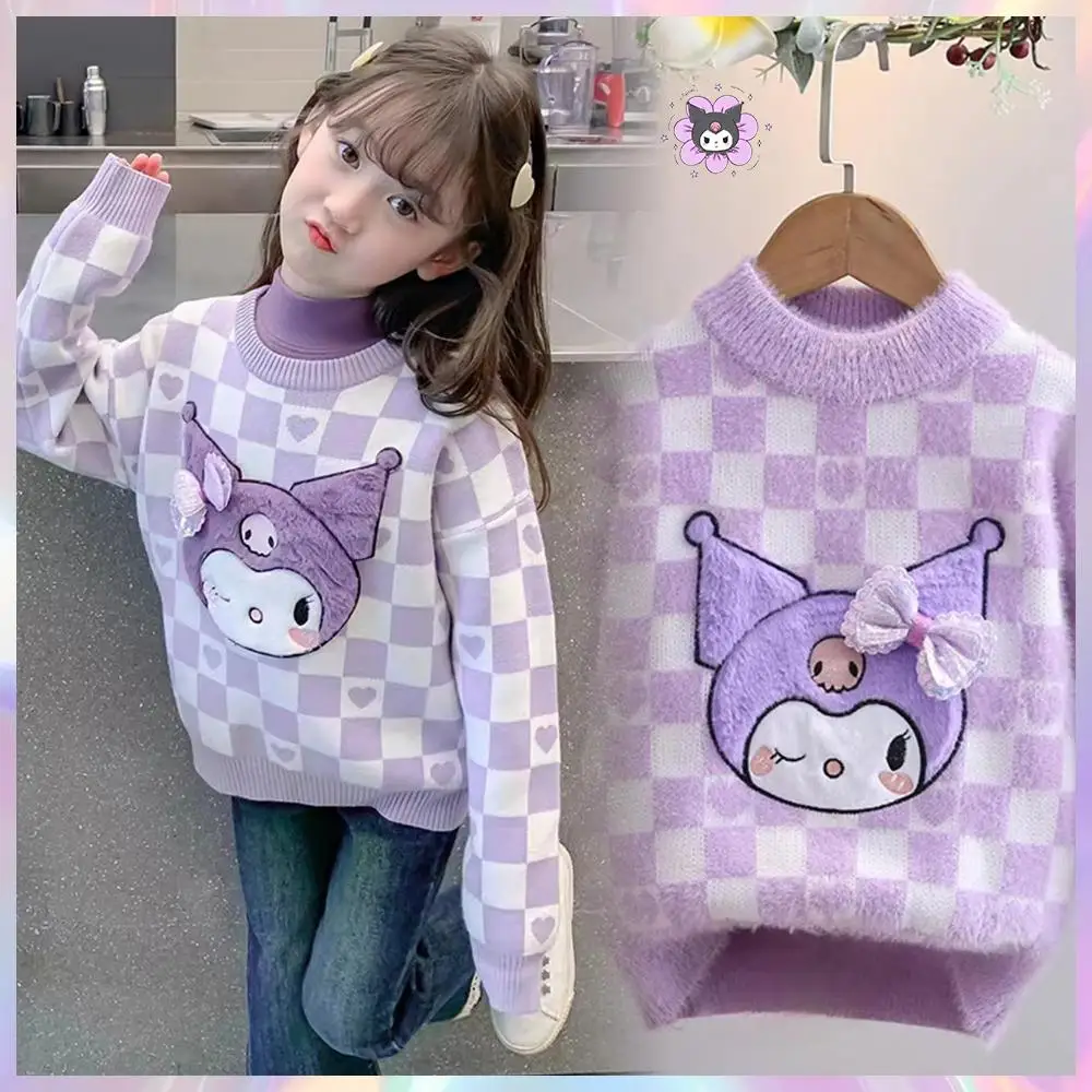 Cartoon Kuromi Melody Children Sweater Knit Sweater Kawaii Anime Sanrios Autumn Winter Warm Round Neck Checkered Warm Sweater