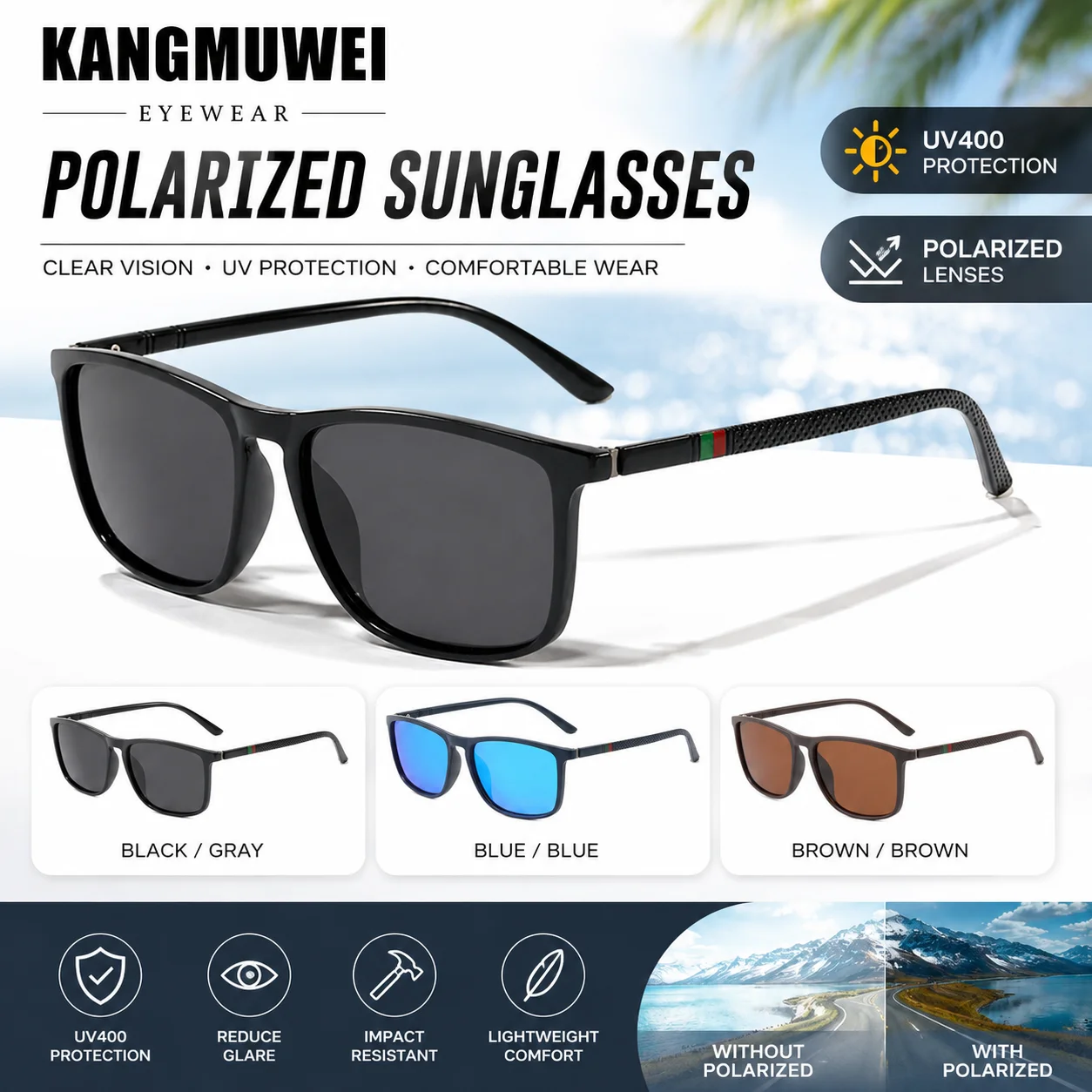 

Kangmuwei Men's Outdoor Travel Polarized Sunglasses, Men's Sports Glasses, Ultra-Light Frame, Comfortable to Wear