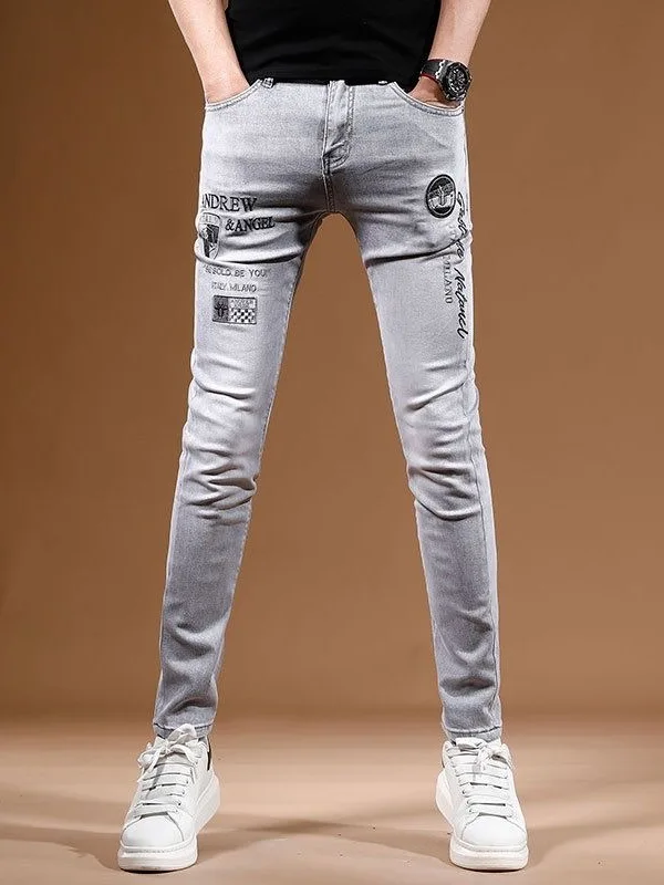 

Trendy American e ey Embroidered Slim Fit Men's Jeans High Elastici Casual Faion Autumn New Sle Youth Jeans