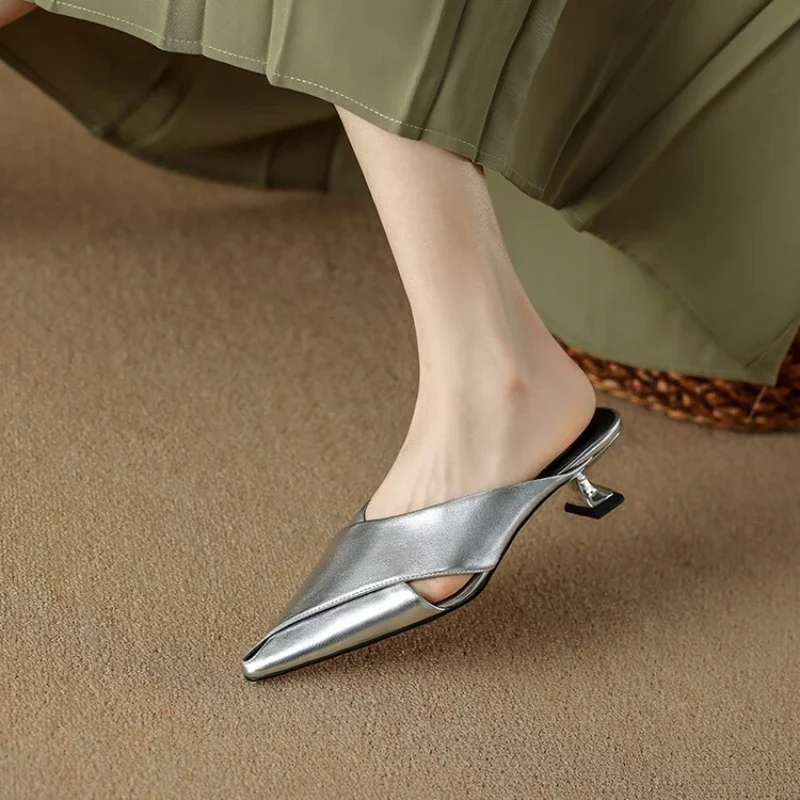 2024 Baotou Half Slippers Female Summer Outside Wearing Pointed High Heels Lazy Silver/golden Stiletto Sandals Female