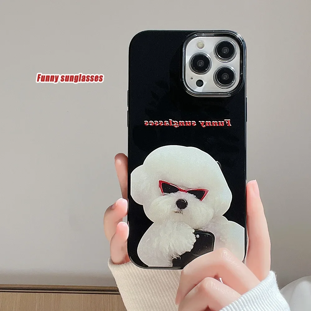 Retro summer miss sunglasses puppy Glossy Phone case For iPhone 15 14 13 11 12 Pro Max Xr Xs 14 15 Plus case Cute Cartoon Cover