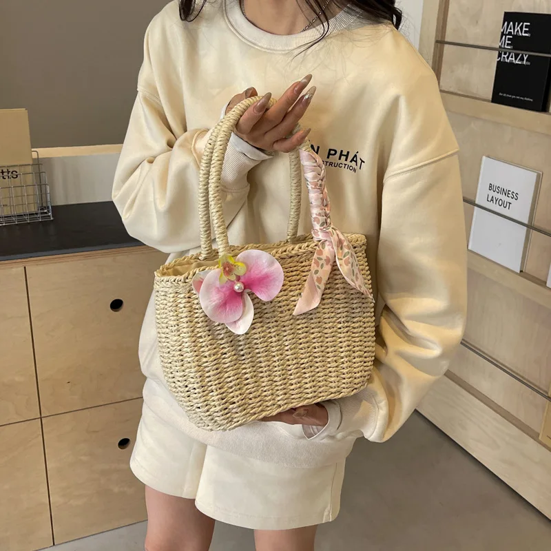 

2024 Fashion Beach Bag Bow Girl Casual Handheld Woven Grass Bag Letter Flower One Shoulder Crossbody Bag bolso de paja