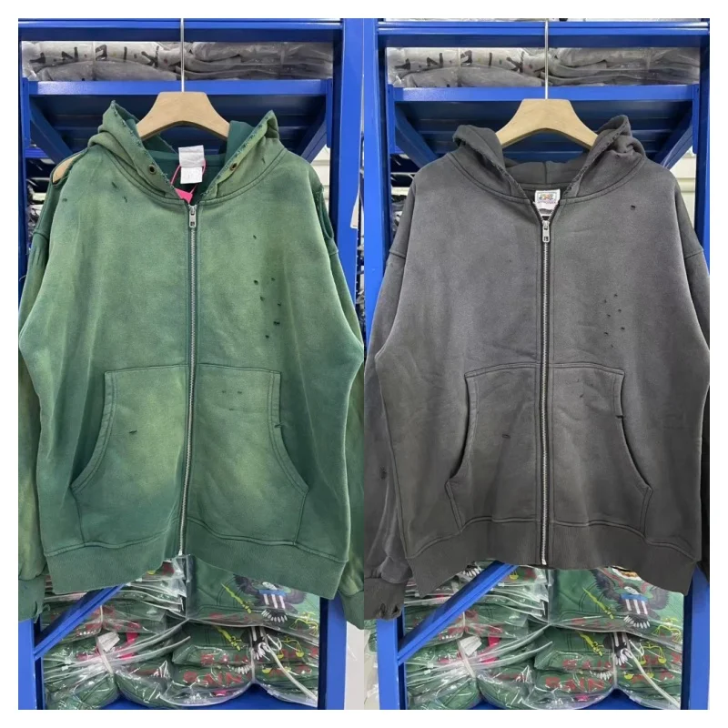 26SS High-End Green Gray Heavyweight Winter Loose-Fit Gradient Retro Cotton Apparel SAINT Men's Women's Zipper Hoodie