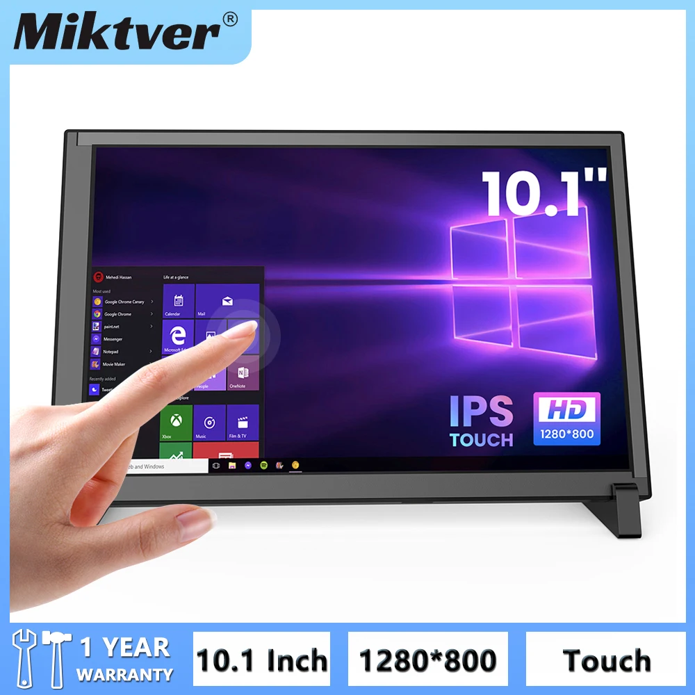 Miktver-Monitor táctil capacitivo para ordenador portátil, pantalla pequeña de 10,1 "con 10 puntos, con soporte, 1280x800P, Raspberry Pi, Plug & Play, Win 7/8/10