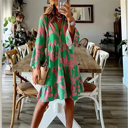 Bohemian Flower Print Casual Long Sleeve Midi Dress Women Spring Autumn V-Neck Loose Dress Office Lady Fashion Elegant Vestidos