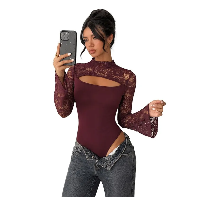 Women Bodycon Long Sleeve Flare Lace Mid Waist Capri Solid Color Jumpsuit Female Clothing Body Sexy Body Femmes One Pieces Tops