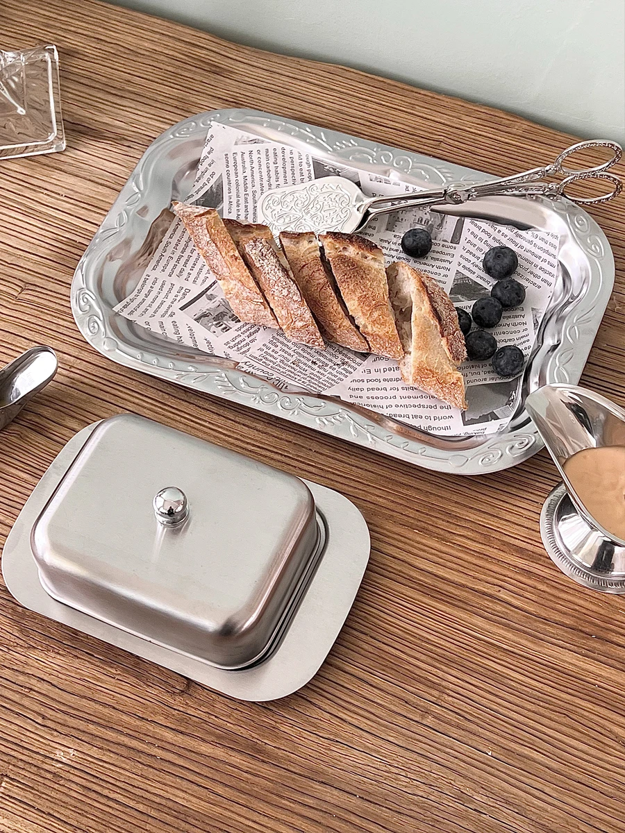 304 Stainless Steel Butter Storage Box Cake Bread Fruit Container Steak Salad Biscuit Serving Tray Restaurant Hotel Kitchen