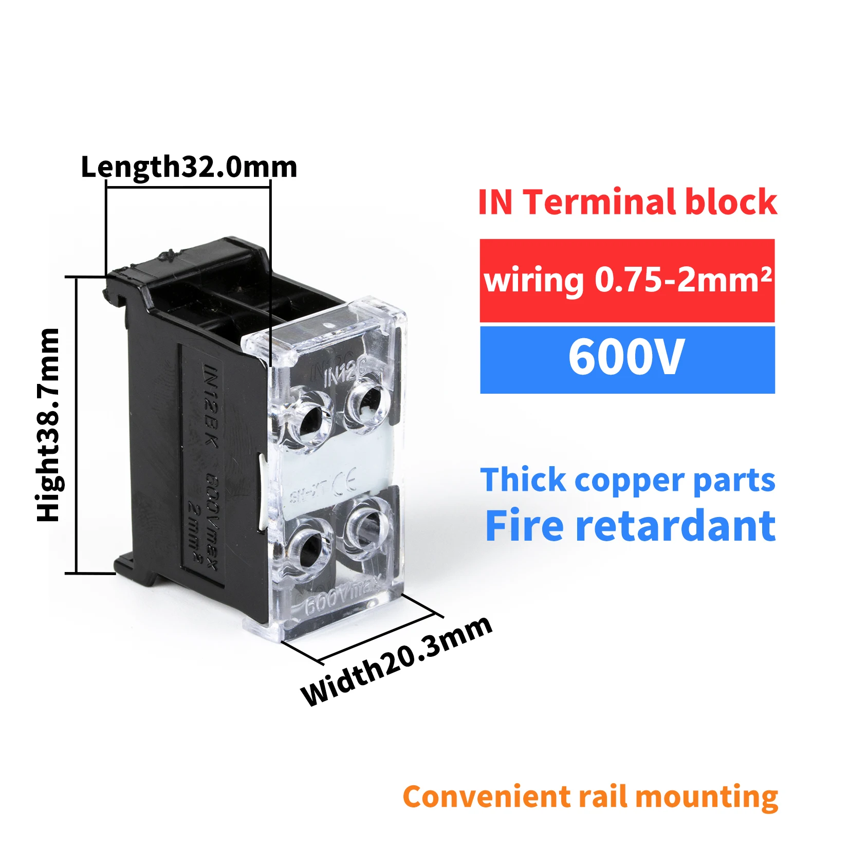 CHFRPU High Power Split Junction Box Guide rail terminal blocks IN12BK brass terminal Electrical Wiring connector 600V 20A/2P 1