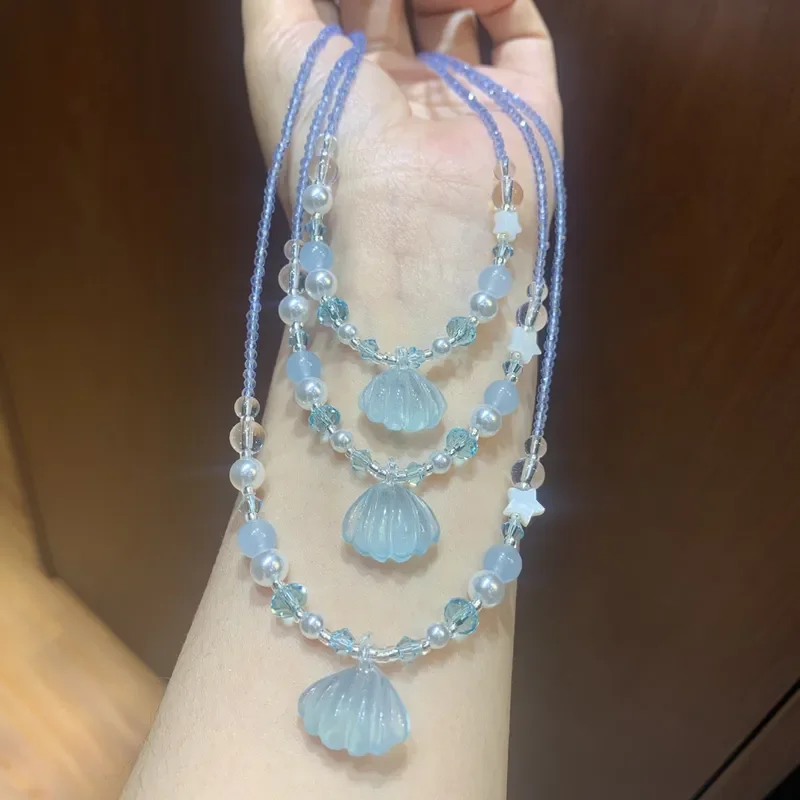 Aquamarine Shell Necklace Summer Seaside Vacation Travel ins Necklace Photo Photo Color Accessories Crystal Necklace
