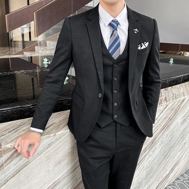 

(Jacket+Vest+Pants) Luxurious Blazers Men's Black Gray Business Suit 3Pcs Prom Banquet Party Groom Tuxedo Wedding Dress Suits