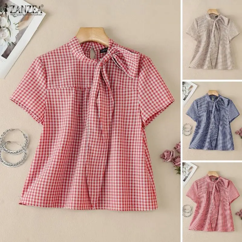 

ZANZEA Summer Women Tops Elegant Work Shirt Stylish Short Sleeve Plaid Blouse Female Lace -Up Holiday Blusas Casual Loose Mujer